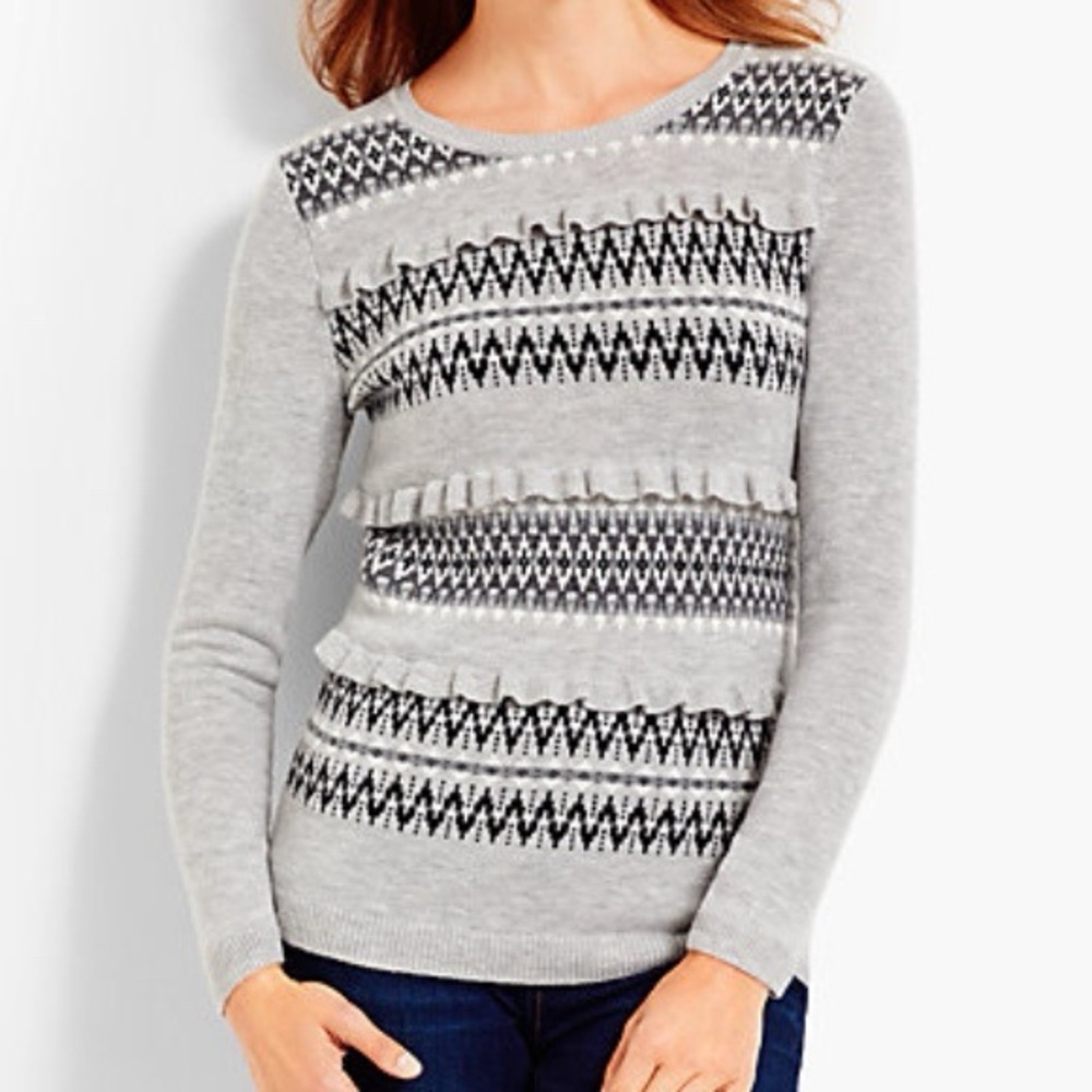 Talbots Grey Black White Fair Isle Ruffle Lambswool Blend Sweater XL Preppy Boho